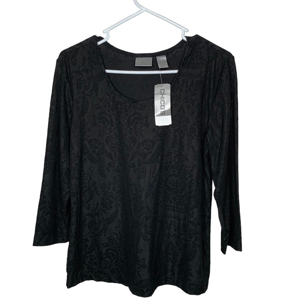 New Chico’s Women’s Avignon Salsa Blouse Size 1 (8) Black 3/4 Sleeve Floral